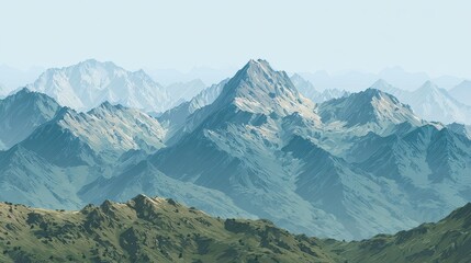 Obraz premium Majestic snow-capped mountain peak towering over green rolling hills.