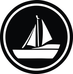 Monochromatic silhouette of a sailboat within a circular emblem nautical transportation and maritime adventure symbol nautical travel