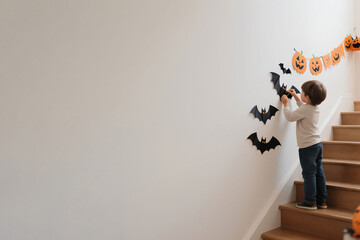 Child decorates the stairs of a house with paper bats and a garland of pumpkins for Halloween