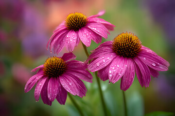 Ultra Realistic Editorial Photograph of Beautiful Purple Flowers with Water Drops in Soft Focus Background