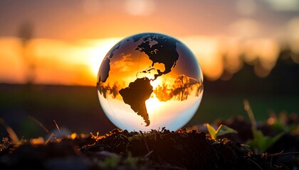Earth globe at sunset, reflected in glass sphere