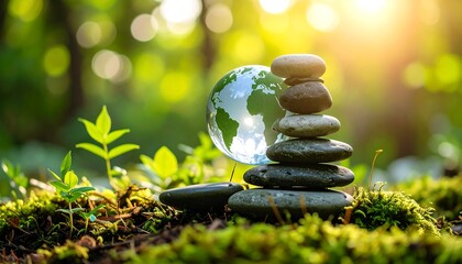 Earth globe atop stacked stones in forest