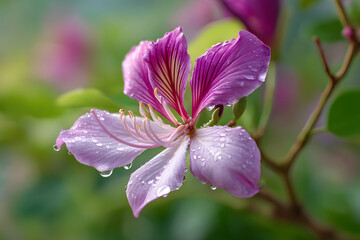 Obraz premium Ultra Realistic Editorial Photograph of Blooming Bauhinia Flower with Dew Drops in Natural Setting