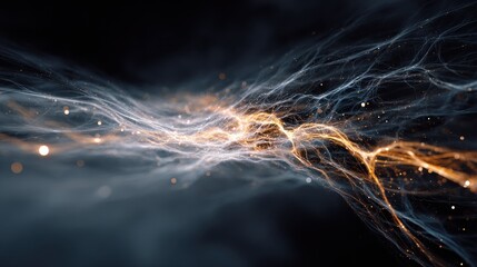 Abstract Energy Flow: Dynamic and vibrant, this image depicts an energetic flow, a dance of light and ethereal forms weaving across a dark canvas, capturing the essence of movement and cosmic energy.