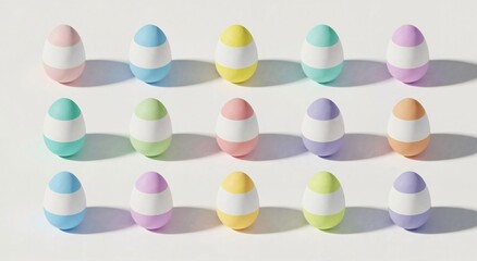 Rows of colorful striped Easter eggs. Spring holiday celebration and decoration concept. Creative egg design for playful greeting card.
