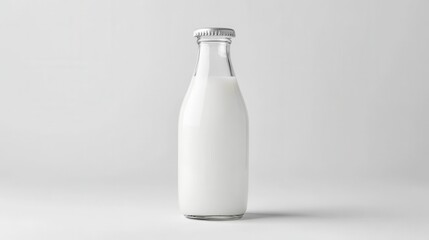 Clear glass bottle filled with fresh milk on a plain background in natural light