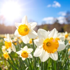 Fototapeta premium Bright sunlight illuminates a field of white and yellow daffodils