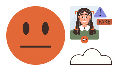 Neutral face, facial recognition scanning an image, warning alert, fake identity tag, play button, and cloud. Ideal for AI ethics, technology trust, cybersecurity biometrics deepfake detection