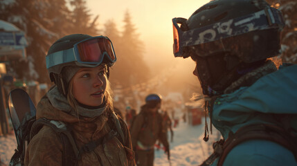 Two snowboarders having a conversation on a snowy mountain slope during sunset