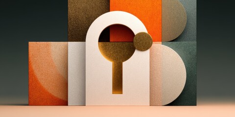 Abstract Keyhole Composition: A modern, geometric arrangement featuring a keyhole silhouette, with a play of light and shadow, crafted through diverse textures and hues.