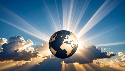 Earth globe bathed in golden sunlight rays, clouds