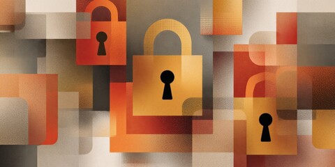Digital Lock Security: A captivating visual metaphor for cybersecurity and data protection, featuring multiple padlocks in various sizes and overlapping abstract shapes.