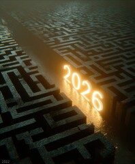 Navigating the Future: A captivating conceptual image of 2026 illuminated at the end of a maze, symbolizing the journey towards a new year.