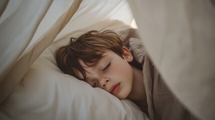 Obraz premium Young boy peacefully sleeping under soft covers in a serene indoor setting during the afternoon light hours