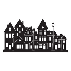 Vintage city houses silhouette with street lamps on white background