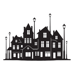 Vintage city houses silhouette with street lamps on white background