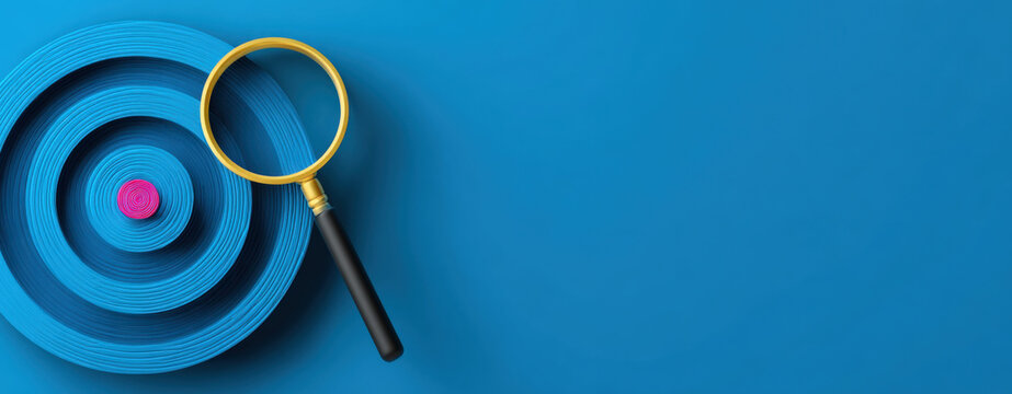 Business plan for the year 2026, target with magnifying glass icon on a blue background, copy space concept