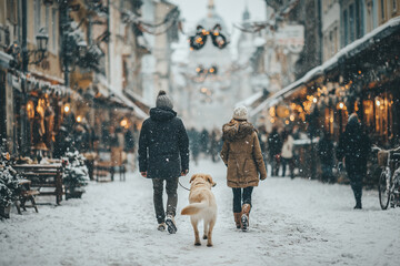 Couple and dog walking snowy city street during holidays