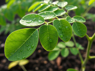 Moringa Leaf Macro View on Natural Soil