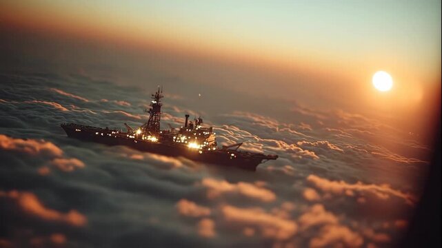 Futuristic ship with shimmering lights flying through fluffy clouds at sunset. Sci-fi concept for fantasy or utopian voyage footage.