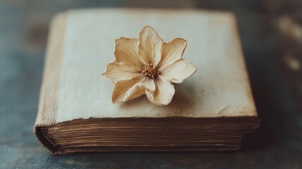 Fototapeta premium Preserved flower resting on a vintage book illustrates the beauty of nature and literature together