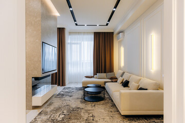 A Modern Living Room Interior Featuring an Elegant Design Enhanced by Natural Light