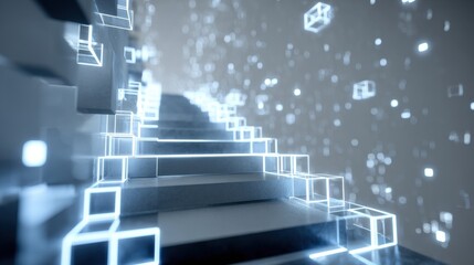 Ascending to Success: A futuristic perspective of stairs made of connected blocks, illuminating a path toward an intangible future, embodying growth, progress, and ambition.