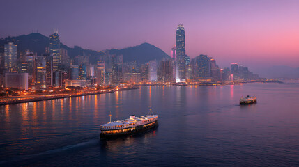 Fototapeta premium Ultra Detailed Cinematic Photograph of Victoria Harbour at Twilight with City Lights and Boats