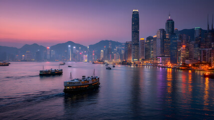 Fototapeta premium Stunning Ultra Detailed Cinematic Photograph of Victoria Harbour at Sunset with Iconic City Skyline