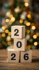 Wooden Cubes 2026 Text with Blurred Christmas Tree Lights in Business Office for New Business Year and Planning, Strategy, Target, Vertical