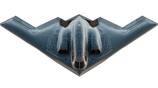 B-2 Spirit bomber with modern design top view isolated on a Transparent background, PNG file.