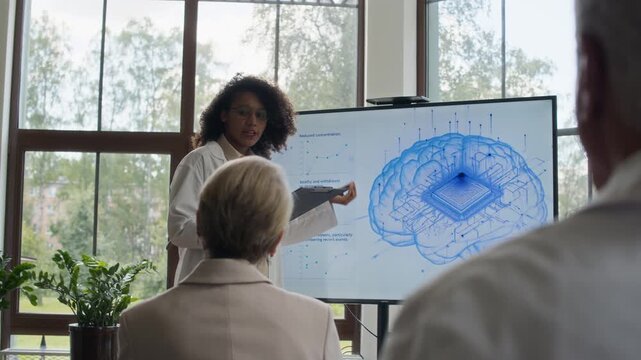 Young Black female doctor doing presentation about future neurotechnology, over shoulder shot