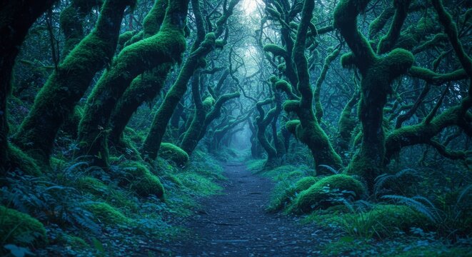 Mysterious forest path with moss covered trees leading towards a bright opening in a natural environment
