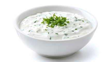 Creamy Herbal Dressing in White Bowl with Fresh Parsley Garnish on Bright Background