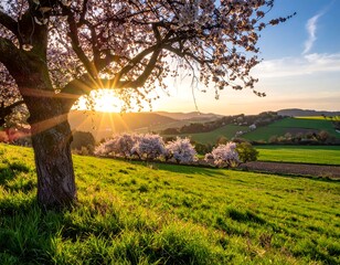 Spring sunset over blooming orchard