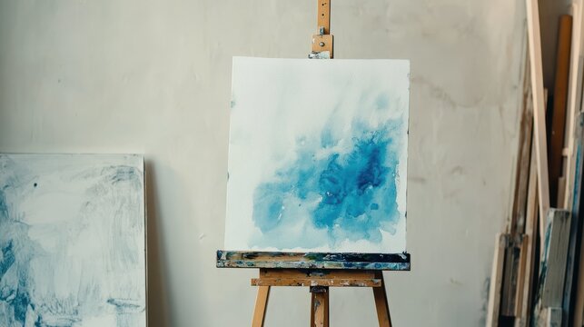 Artist paints abstract artwork in blue tones on canvas in a bright studio environment during the day