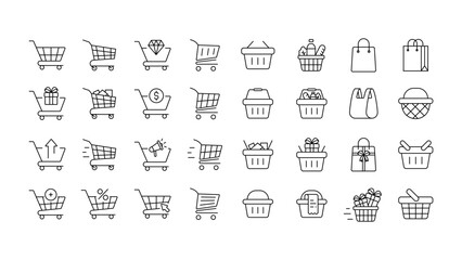 Shopping cart and basket line icons set. Supermarket trolley, shopping bag, order, add to cart, buy, sale, discount, and online store. Editable stroke. Vector illustration.