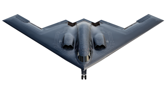B-2 Spirit stealth bomber showing aerodynamic shape top view isolated on a Transparent background, PNG file.