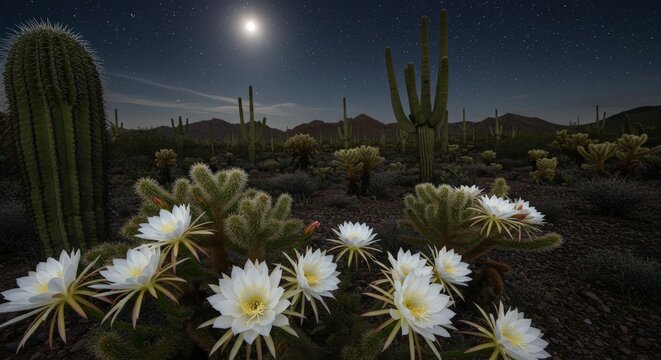 Night blooming cactus flowers under a moonlit sky desert landscape botanical illustration concept
