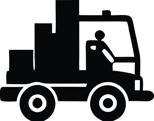 Silhouette icon of a forklift truck with a driver loading cargo transport and logistics symbol for warehouse operations and material handling services