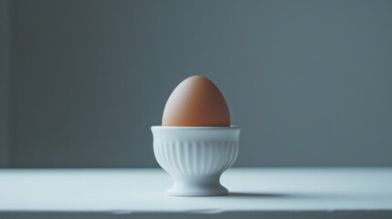 Brown egg in a white egg cup on a wooden surface with soft light