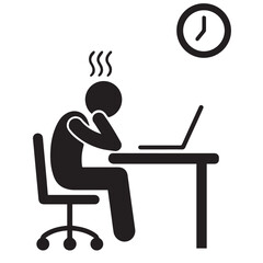 A person sitting at a desk with a laptop. The person's posture suggests they are tired or stressed, with their head resting in their hand. There are wavy lines above their head.