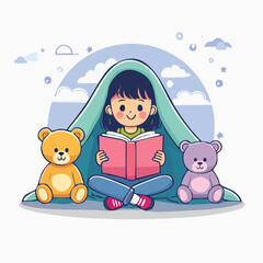 A young girl sits cross-legged under a blanket fort, reading a book with two teddy bears on either side of her.