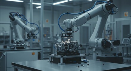 Robotic arms assembling industrial component