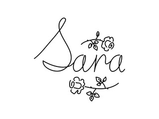 Name Sara ,lettering, doodle,one line,flowers patterns. Card with beautiful name Sara in flowers. Female name decorative lettering type design