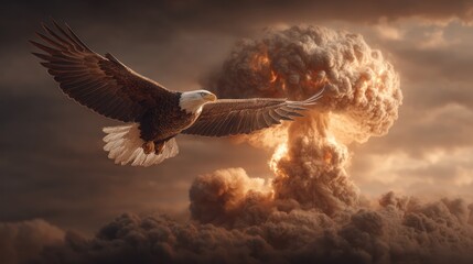 A soaring bald eagle against a backdrop of a mushroom cloud and ominous sky