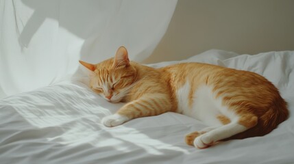 Orange tabby cat peacefully sleeping on a white bed in soft sunlight during a calm afternoon