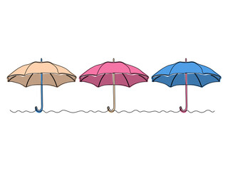 Obraz premium Abstract set of three open umbrella, continuous single one line art drawing sketch, logo