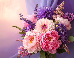 Colorful floral bouquet against a soft purple backdrop