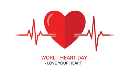 A stylized red heart with a pulsing electrocardiogram line running through it, symbolizing health and life, with text "WORLD HEART DAY - LOVE YOUR HEART" below.